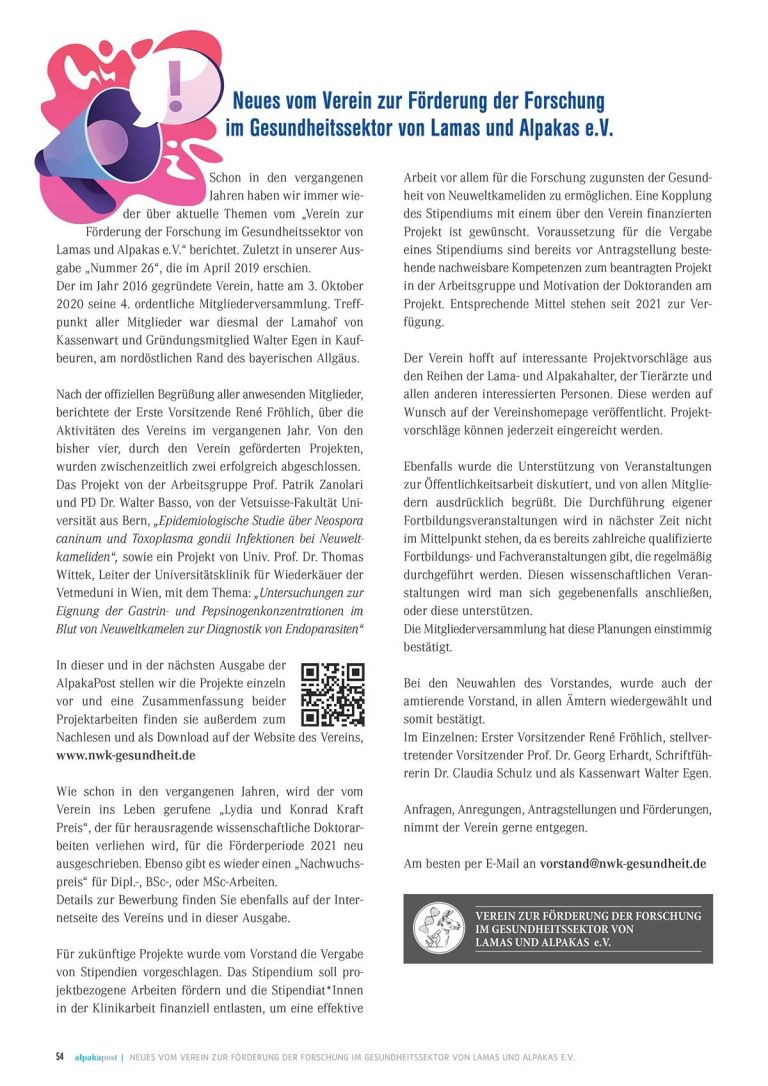 Eine Kopie des Berichts über "Neues vom Verein zur Förderung der Forschung im Gesundheitssektor von Lamas undAlpakas e.V."