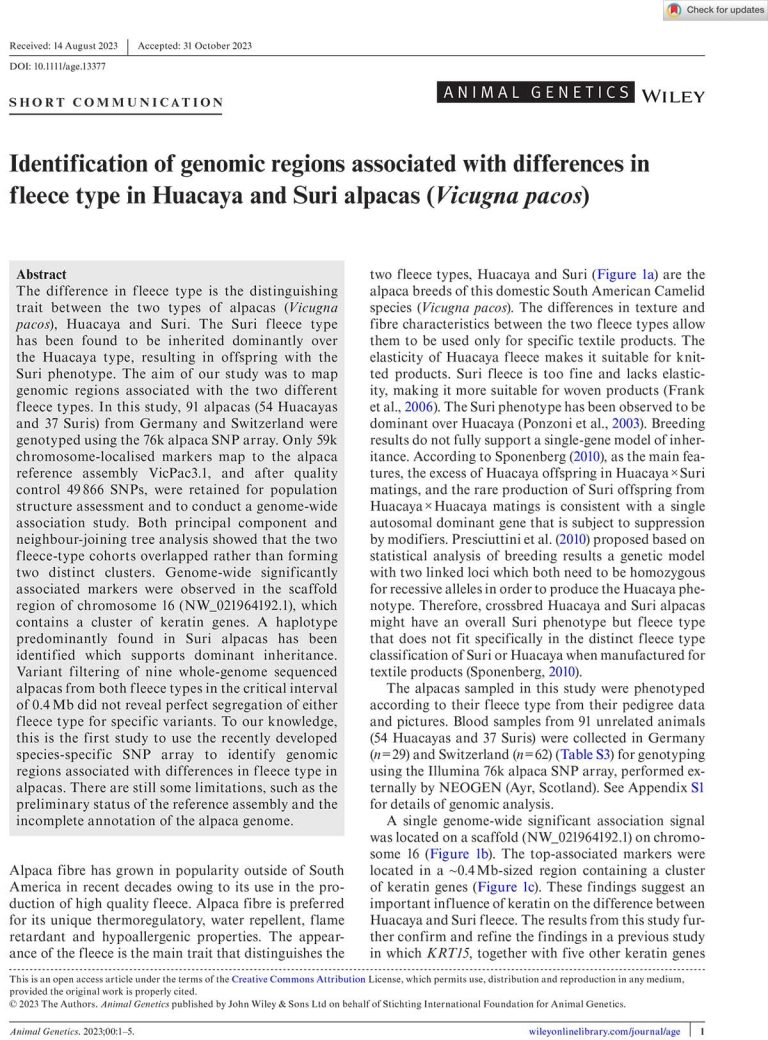 Eine Kopie des Berichts zum Thema "Molekulargenetische Charakterisierung der Diversität der Alpaka-Populationen im deutschsprachigen Raum"